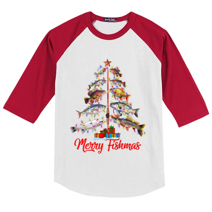 Merry Fishmas Ugly Xmas Lights Fish Fishing Christmas Tree Gift Kids Colorblock Raglan Jersey