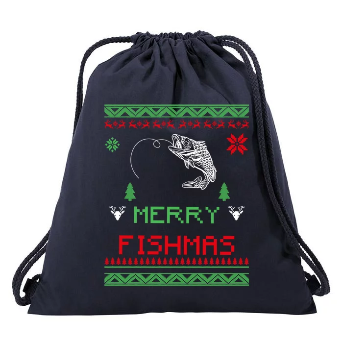 Merry Fishmas Ugly Fishing Christmas Gift Drawstring Bag