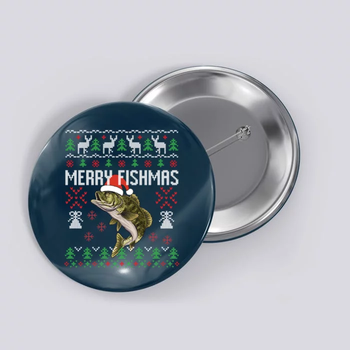 Merry Fishmas Ugly Christmas Sweater Funny Angler Fishing Button