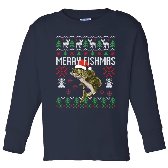 Merry Fishmas Ugly Christmas Sweater Funny Angler Fishing Toddler Long Sleeve Shirt