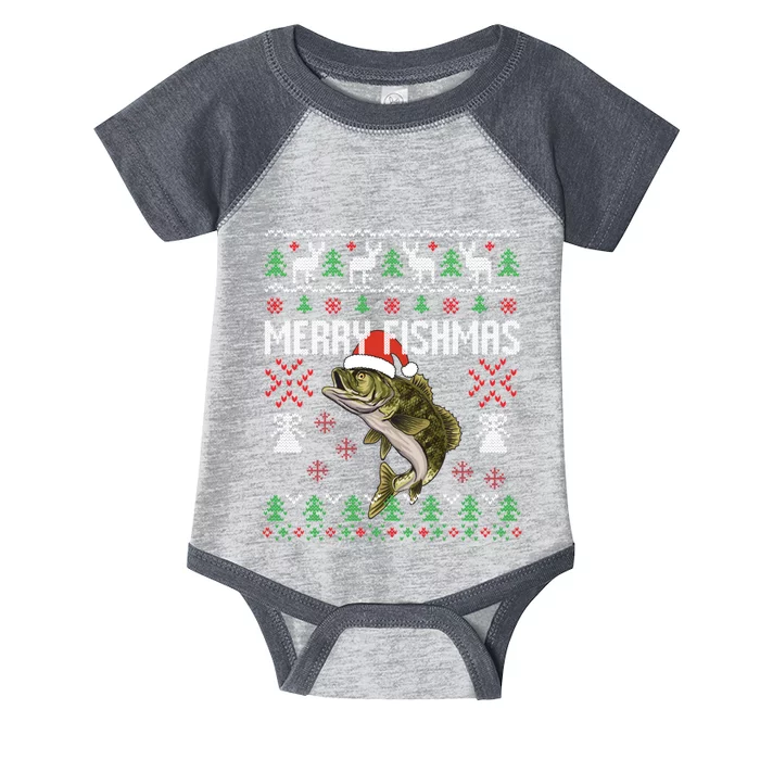 Merry Fishmas Ugly Christmas Sweater Funny Angler Fishing Infant Baby Jersey Bodysuit