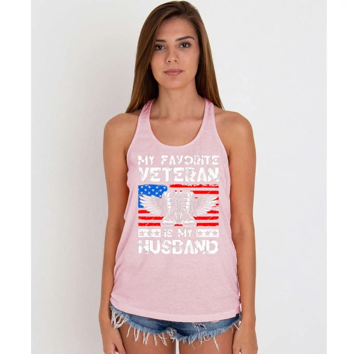 My Favorite Veteran Is My Husband American US Flag Women's Knotted Racerback Tank