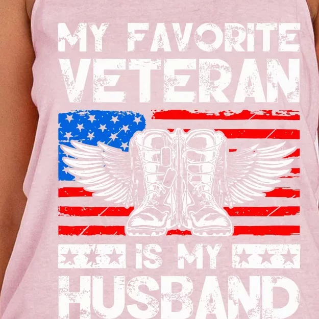 My Favorite Veteran Is My Husband American US Flag Women's Knotted Racerback Tank