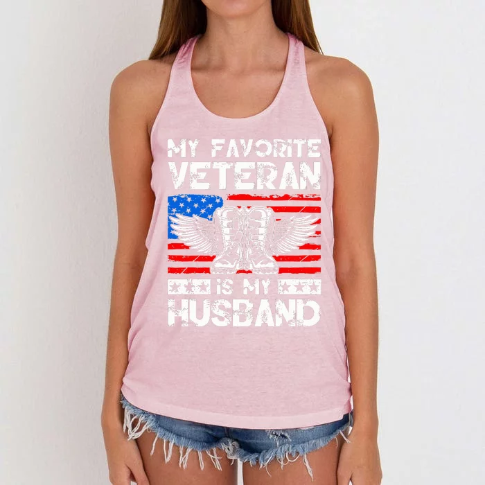 My Favorite Veteran Is My Husband American US Flag Women's Knotted Racerback Tank