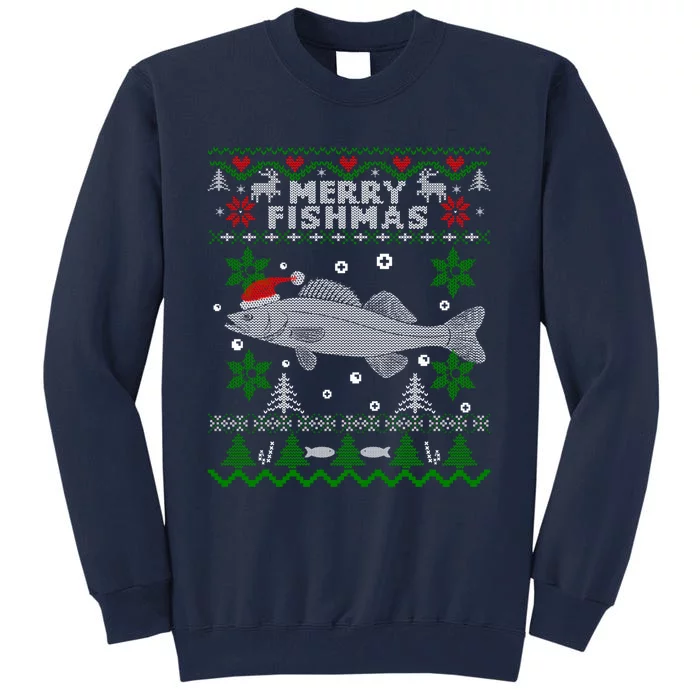 Merry Fishmas Walleye Fisherman Gift Fishing Ugly Christmas Tall Sweatshirt