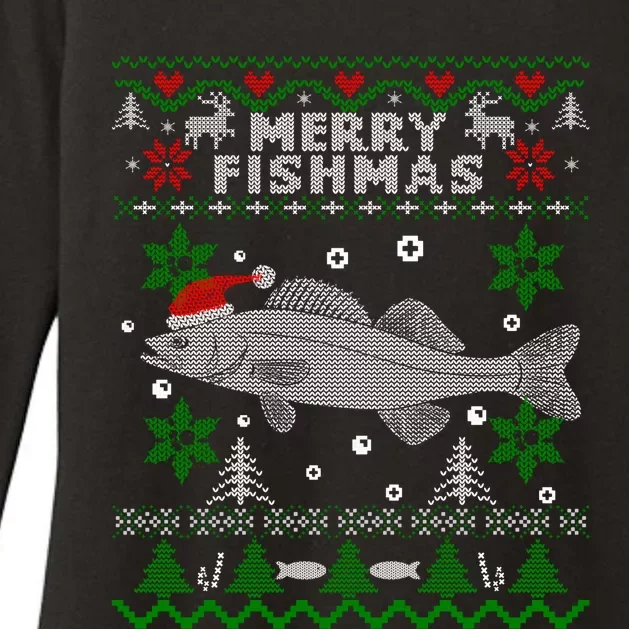 Merry Fishmas Walleye Fisherman Gift Fishing Ugly Christmas Womens CVC Long Sleeve Shirt