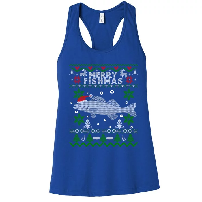 Merry Fishmas Walleye Fisher Gift Fishing Ugly Christmas Gift Women's Racerback Tank