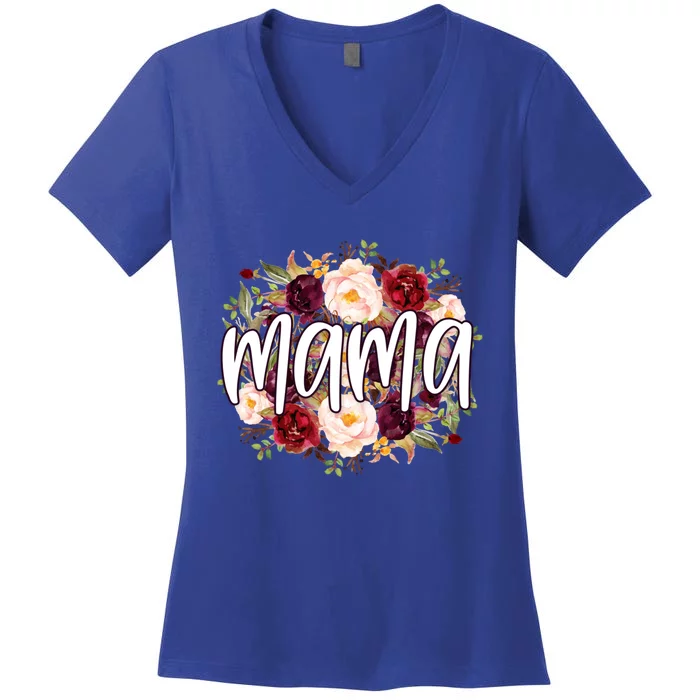 Mama Floral Watercolor Flowers Mother's Day Mom Rose Graphic Funny Gift Women's V-Neck T-Shirt