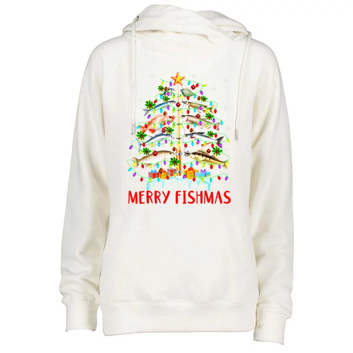 Merry Fishmas Xmas Merry Fishmas Christmas Tree Gift Womens Funnel Neck Pullover Hood