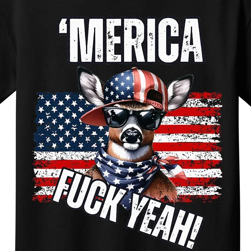 Merica Fuck Yeah! Patriotic Deer Sunglasses Usa Flag Kids T-Shirt