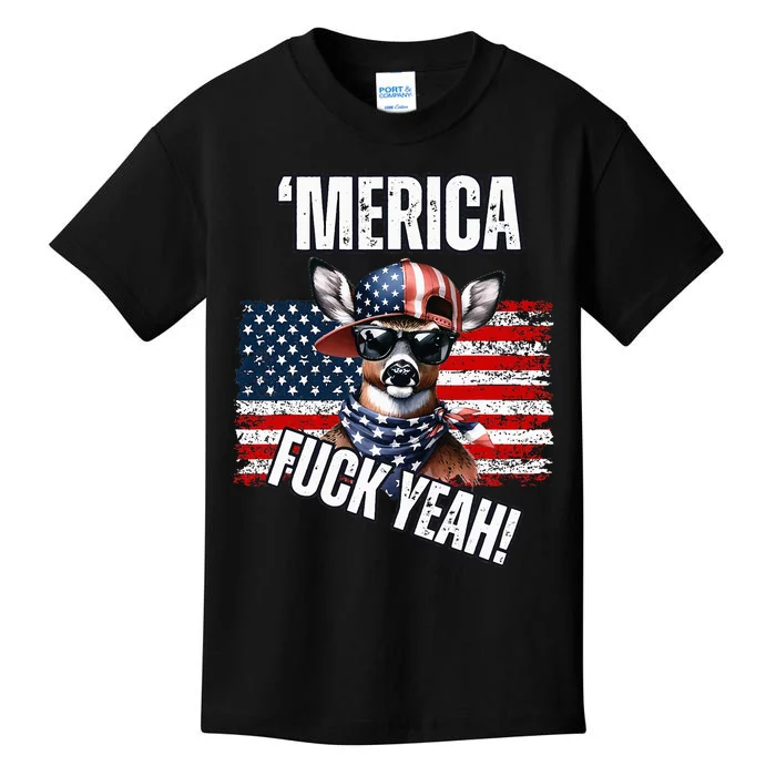 Merica Fuck Yeah! Patriotic Deer Sunglasses Usa Flag Kids T-Shirt