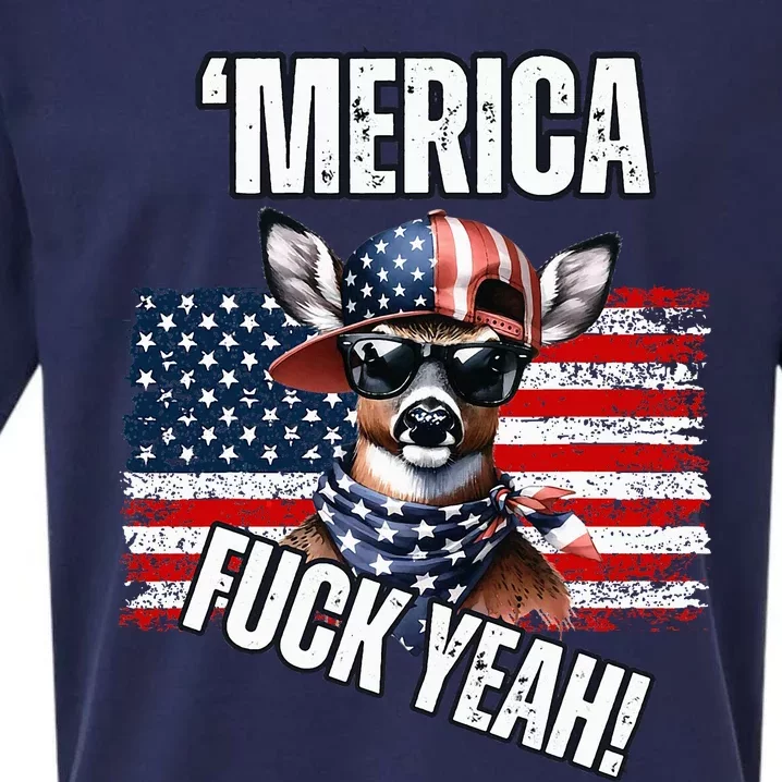 Merica Fuck Yeah! Patriotic Deer Sunglasses Usa Flag Sueded Cloud Jersey T-Shirt