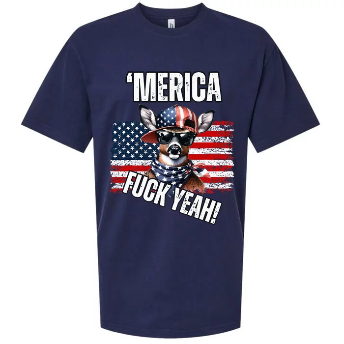 Merica Fuck Yeah! Patriotic Deer Sunglasses Usa Flag Sueded Cloud Jersey T-Shirt