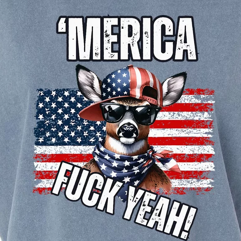 Merica Fuck Yeah! Patriotic Deer Sunglasses Usa Flag Garment-Dyed Women's Muscle Tee