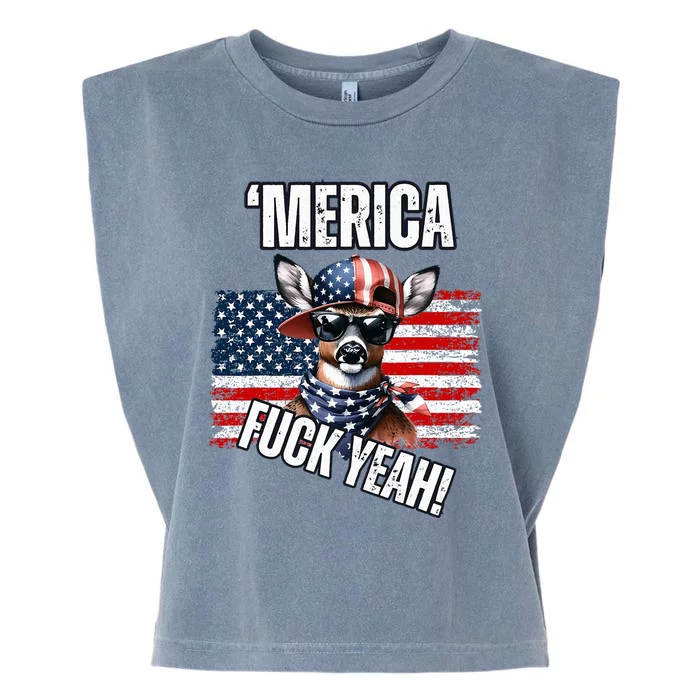 Merica Fuck Yeah! Patriotic Deer Sunglasses Usa Flag Garment-Dyed Women's Muscle Tee