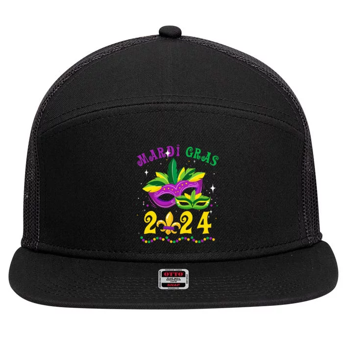 Mardi Gras 2024 Mask Fleur De Lys Beads Nola Carnival Party 7 Panel Mesh Trucker Snapback Hat