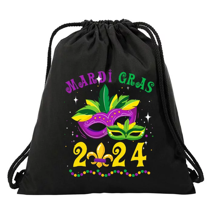 Mardi Gras 2024 Mask Fleur De Lys Beads Nola Carnival Party Drawstring Bag