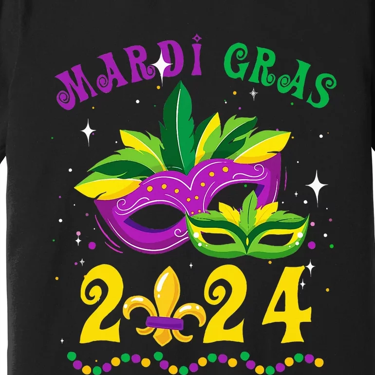 Mardi Gras 2024 Mask Fleur De Lys Beads Nola Carnival Party Premium T-Shirt