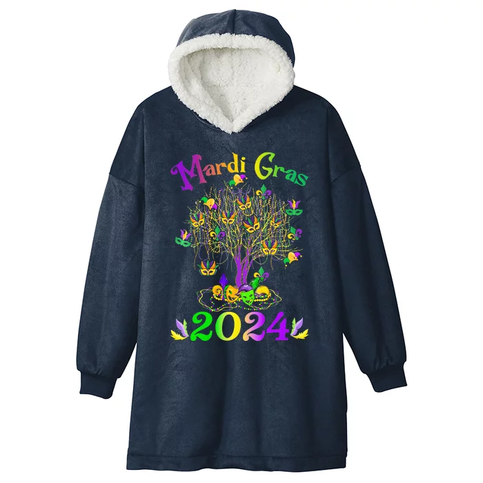 Mardi Gras 2024 Tree Beads New Orleans 2024 Watercolor Hooded Wearable Blanket