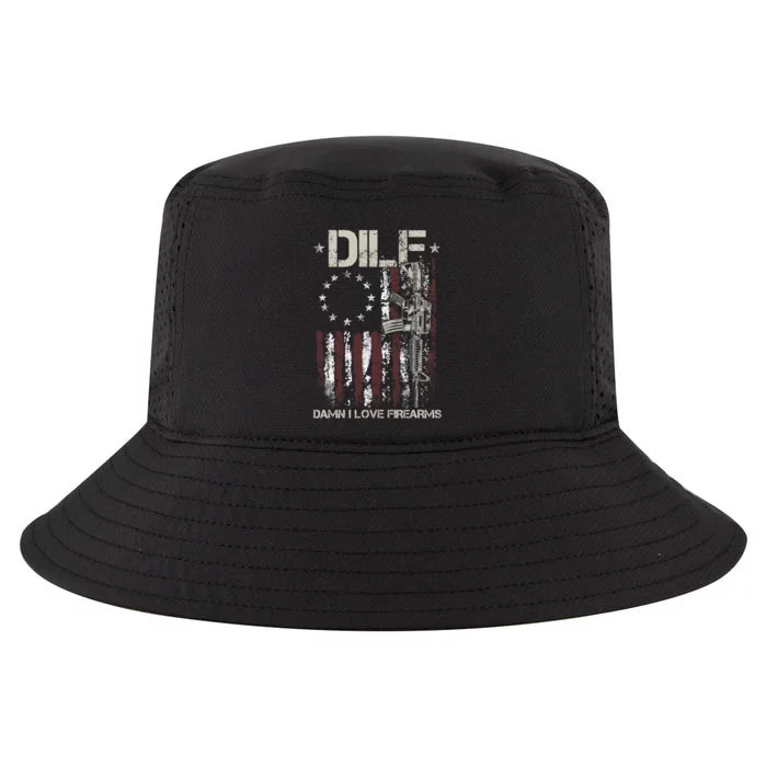 Men Gun American Flag DILF Damn I Love Firearms Cool Comfort Performance Bucket Hat