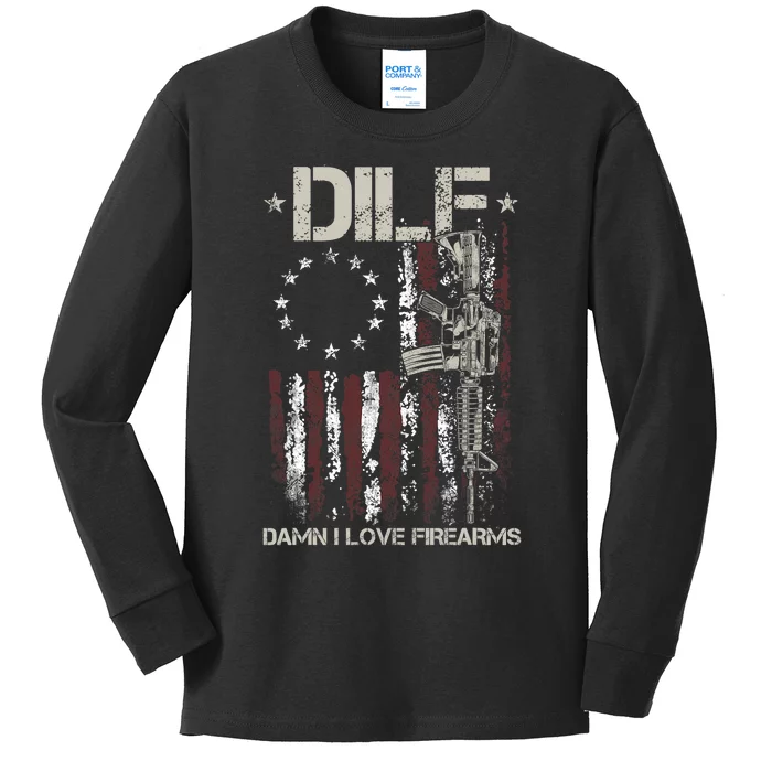 Men Gun American Flag DILF Damn I Love Firearms Kids Long Sleeve Shirt