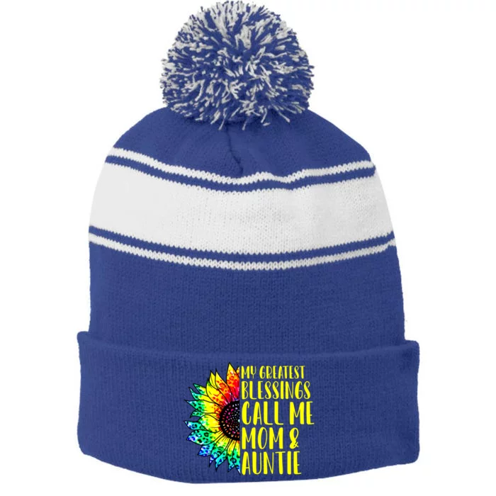 My Greatest Blessings Call Me Mom Auntie Sunflower Tie Dye Gift Stripe Pom Pom Beanie