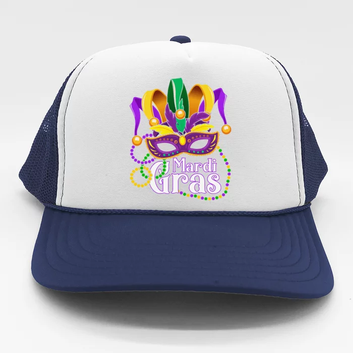 Mardi Gras Beads Feathered Mask For Trucker Hat