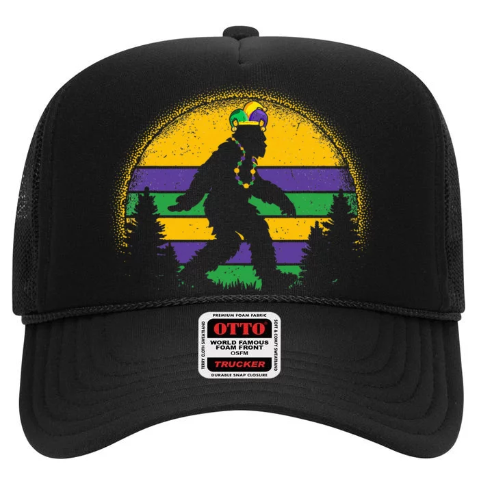 Mardi Gras Bigfoot Funny Sasquatch Mardi Gras High Crown Mesh Trucker Hat