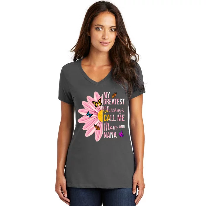 My Greatest Blessings Call Me Mom And Nana Butterfly Women's V-Neck T-Shirt