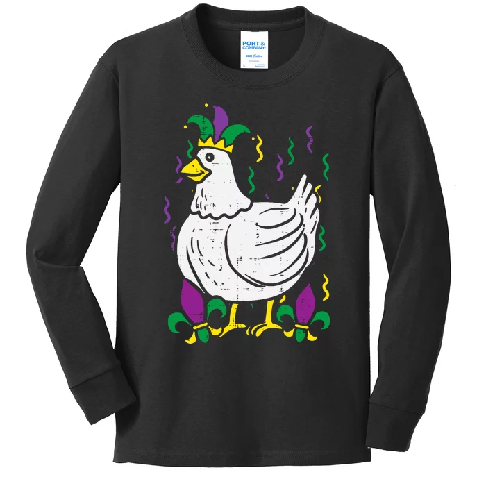 Mardi Gras Chicken Funny Outfit Farming Kids Long Sleeve Shirt