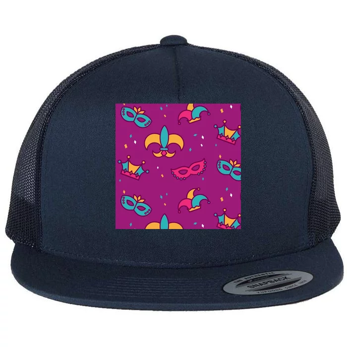 Mardi Gras Colorful Celebration Pattern Flat Bill Trucker Hat