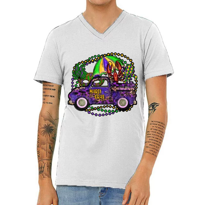 Mardi Gras Cute Pickup Truck V-Neck T-Shirt