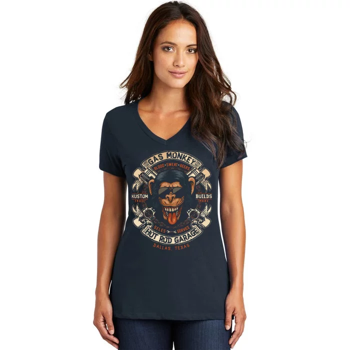 Monkey Gas Crossed Pistons Ribbon Women's V-Neck T-Shirt