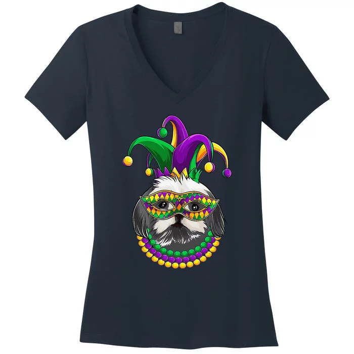 Mardi Gras Dog Apparel Shih Tzu Dog Mom Dad Lovers Women's V-Neck T-Shirt