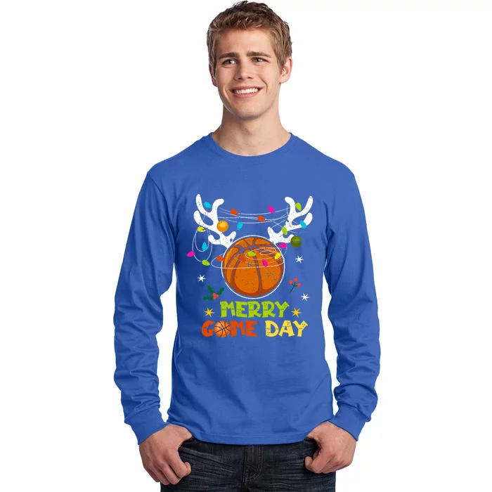 Merry Game Day Christmas Basketball Reindeer Xmas Sport Cool Gift Tall Long Sleeve T-Shirt