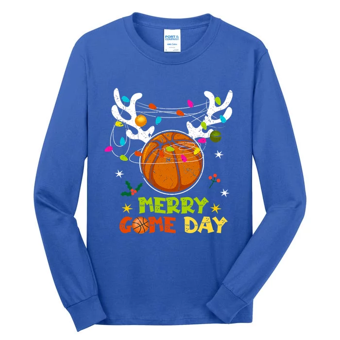 Merry Game Day Christmas Basketball Reindeer Xmas Sport Cool Gift Tall Long Sleeve T-Shirt