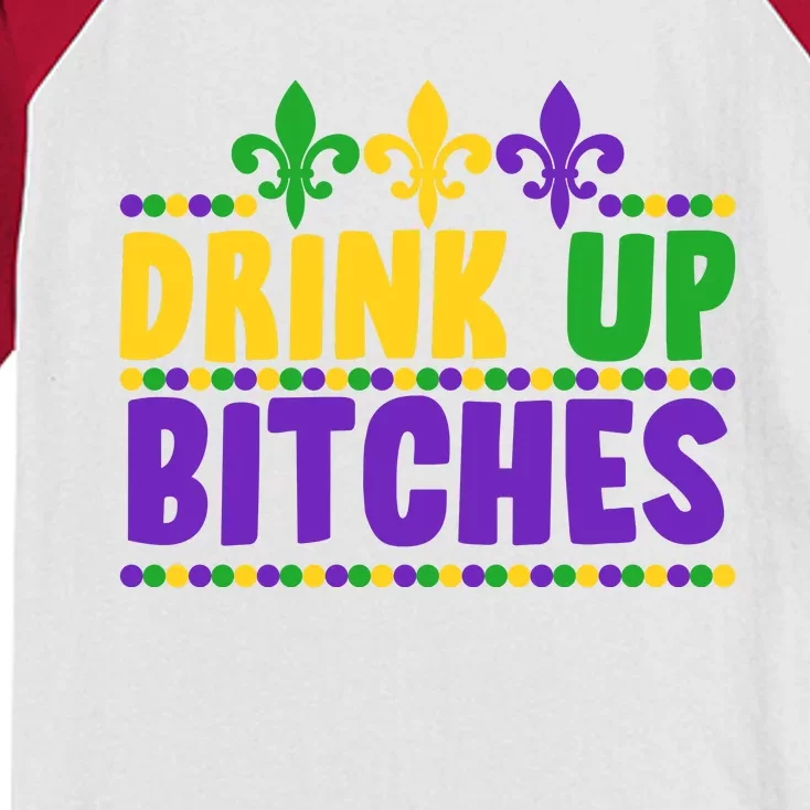 Mardi Gras Drink Up Bitches Kids Colorblock Raglan Jersey