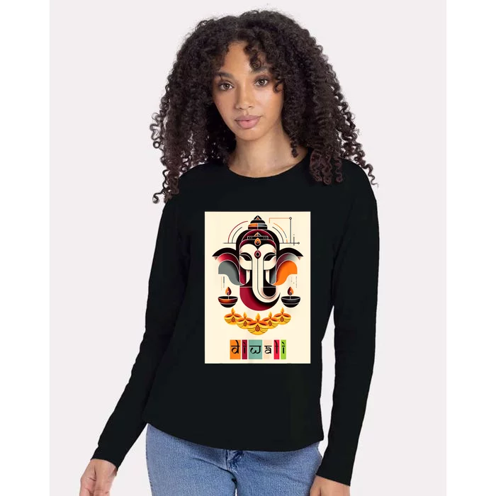 Modern Ganesh Diwali Festival Of Light Colorful Hindu Art Womens Cotton Relaxed Long Sleeve T-Shirt