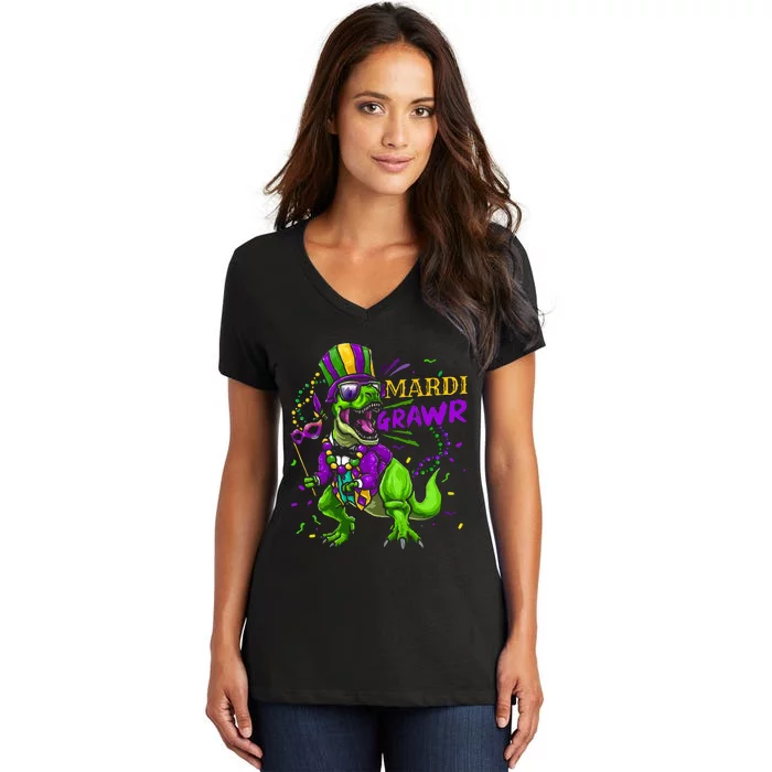 Mardi Gras Dabbing T Rex Dinosaur Mardi Grawr Bead Costume Women's V-Neck T-Shirt