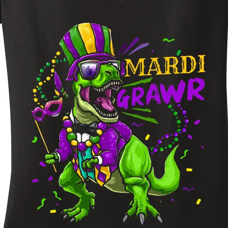 Mardi Gras Dabbing T Rex Dinosaur Mardi Grawr Bead Costume Women's V-Neck T-Shirt