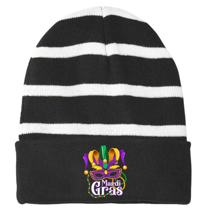 Mardi Gras For Beads Mask Feathers Striped Beanie with Solid Band