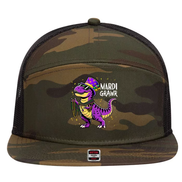 Mardi Gras For Mardi Grawr T Rex Dinosaur 7 Panel Mesh Trucker Snapback Hat