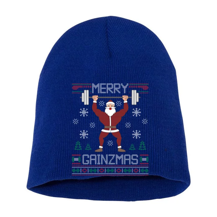 Merry Gainzmas Fit Santa Gym Workout Ugly Christmas Sweater Gift Short Acrylic Beanie