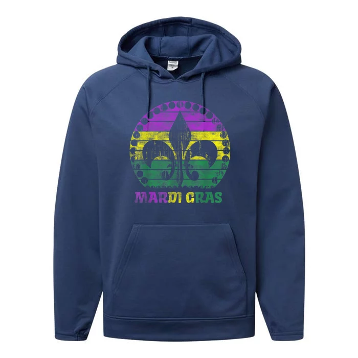 Mardi Gras Fleur De Lis Retro Sunset I Carnival Performance Fleece Hoodie