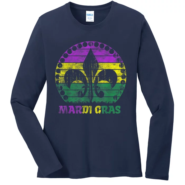 Mardi Gras Fleur De Lis Retro Sunset I Carnival Ladies Long Sleeve Shirt