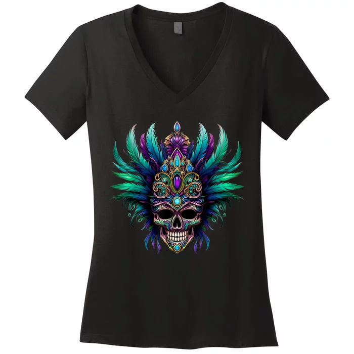 Mardi Gras Funny Queen Skull New Orleans Women's V-Neck T-Shirt