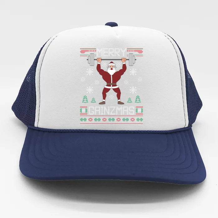 Merry Gainzmas Fit Santa Gym Workout Ugly Christmas Sweater Gift Trucker Hat