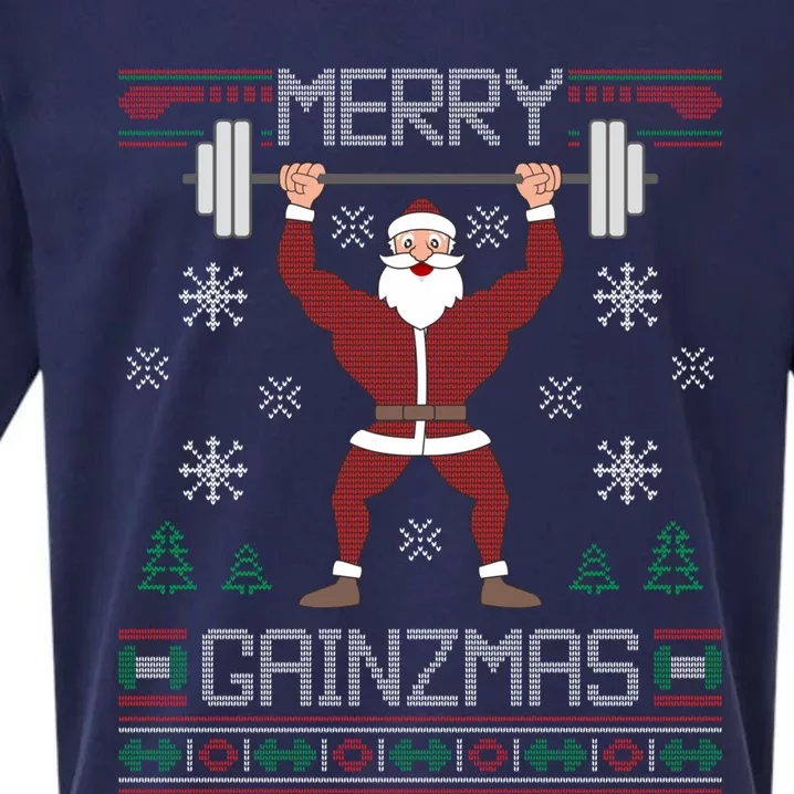 Merry Gainzmas Fit Santa Gym Workout Ugly Christmas Sweater Gift Sueded Cloud Jersey T-Shirt