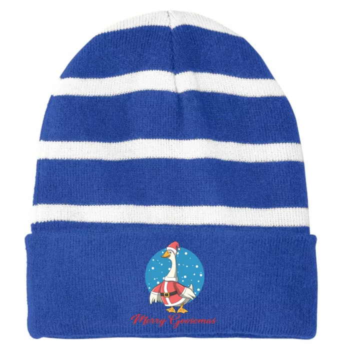 Merry Goosemas Funny Xmas Pun Santa Goose Lover Christmas Cool Gift Striped Beanie with Solid Band