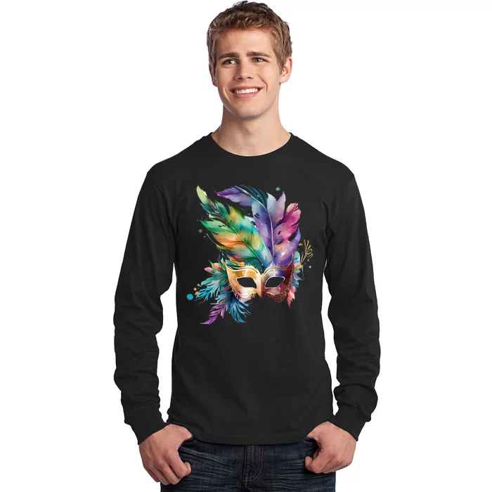 Mardi Gras Feather Mask Watercolor Long Sleeve Shirt